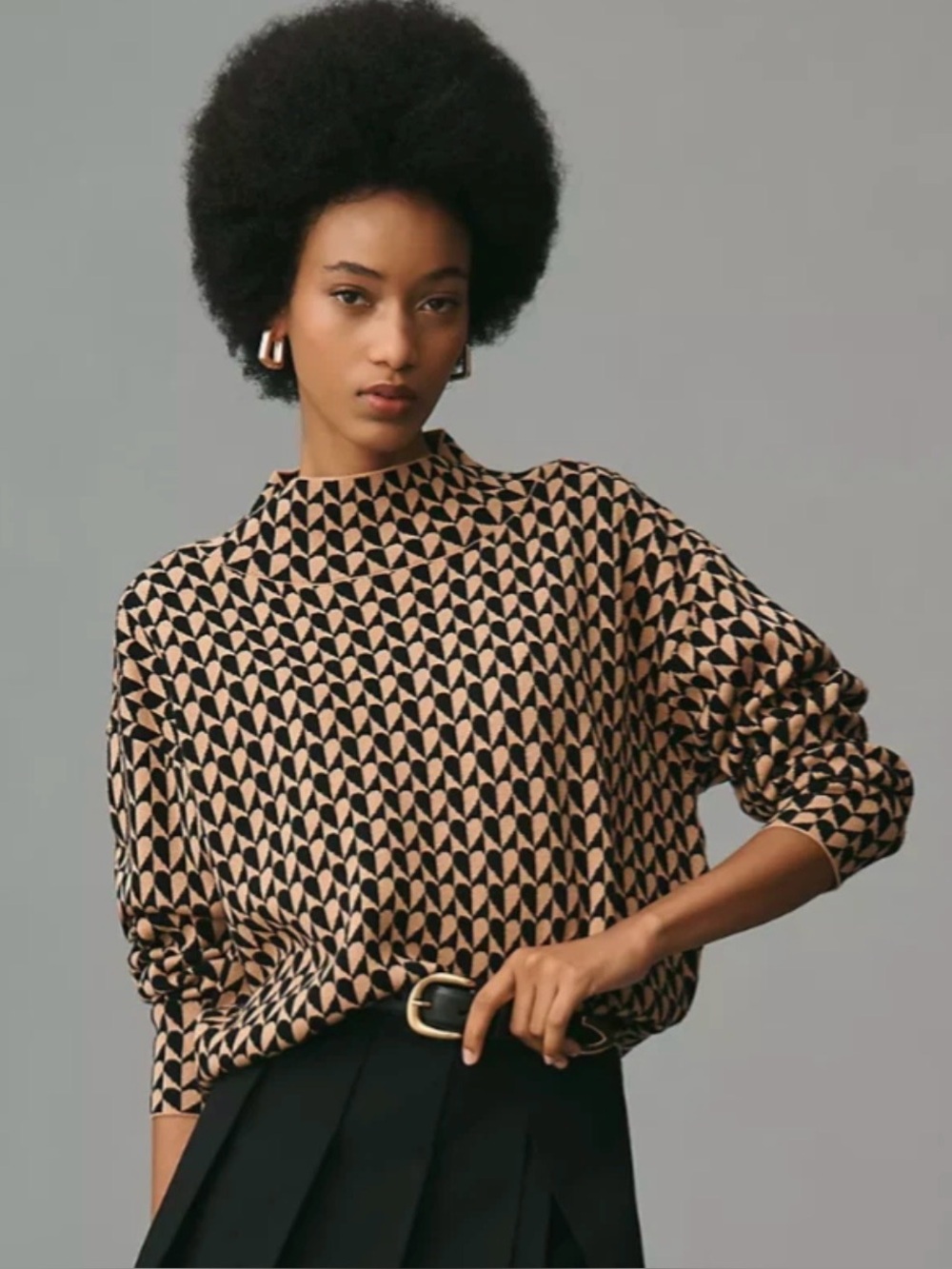 Maeve woman’s Turtleneck Sweater in Beige and Black Geometric